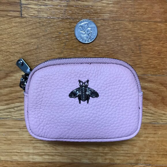 Pink Grainy Genuine Leather Coin Purse ID Holder with Bee - Picture 3 of 7
